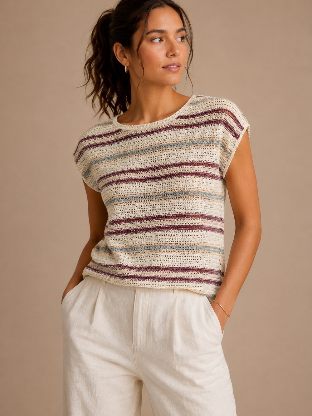 Bobeau Boho Crochet Stripe Knit Sweater Top Women’s Large